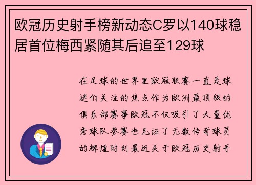 欧冠历史射手榜新动态C罗以140球稳居首位梅西紧随其后追至129球