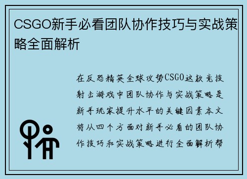CSGO新手必看团队协作技巧与实战策略全面解析