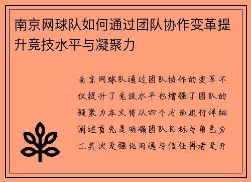 南京网球队如何通过团队协作变革提升竞技水平与凝聚力