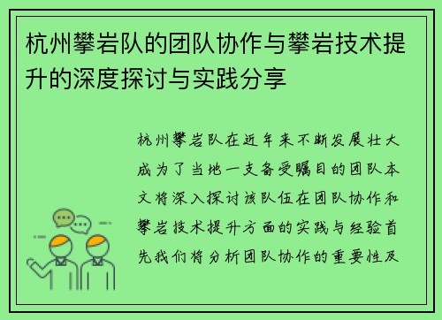 杭州攀岩队的团队协作与攀岩技术提升的深度探讨与实践分享