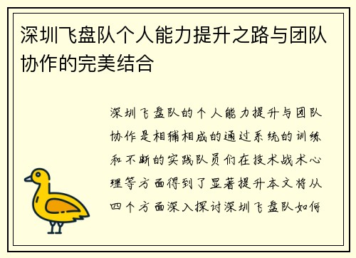 深圳飞盘队个人能力提升之路与团队协作的完美结合