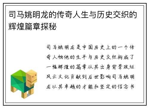 司马姚明龙的传奇人生与历史交织的辉煌篇章探秘