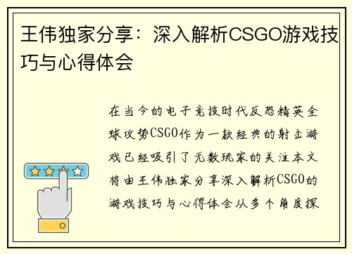 王伟独家分享：深入解析CSGO游戏技巧与心得体会