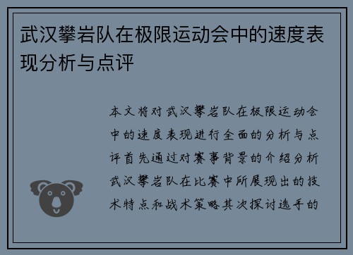武汉攀岩队在极限运动会中的速度表现分析与点评