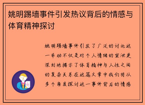 姚明踢墙事件引发热议背后的情感与体育精神探讨