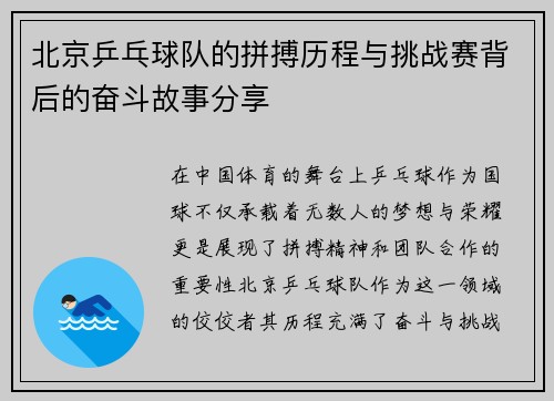 北京乒乓球队的拼搏历程与挑战赛背后的奋斗故事分享