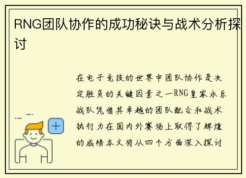 RNG团队协作的成功秘诀与战术分析探讨