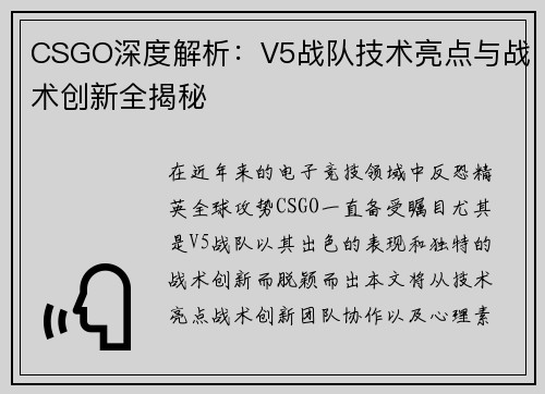 CSGO深度解析：V5战队技术亮点与战术创新全揭秘