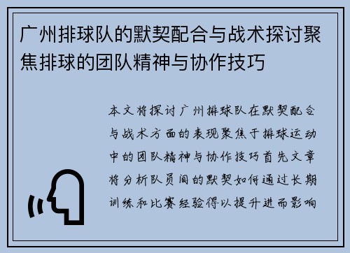 广州排球队的默契配合与战术探讨聚焦排球的团队精神与协作技巧