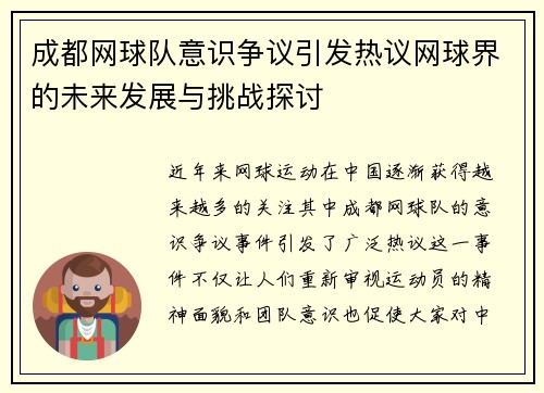 成都网球队意识争议引发热议网球界的未来发展与挑战探讨