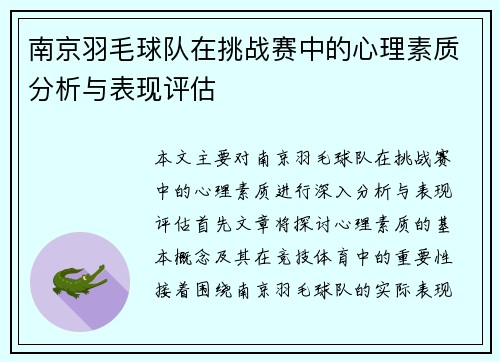 南京羽毛球队在挑战赛中的心理素质分析与表现评估