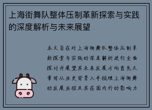 上海街舞队整体压制革新探索与实践的深度解析与未来展望