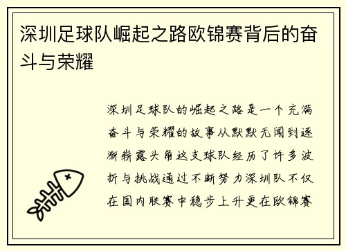 深圳足球队崛起之路欧锦赛背后的奋斗与荣耀
