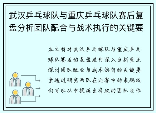 武汉乒乓球队与重庆乒乓球队赛后复盘分析团队配合与战术执行的关键要素