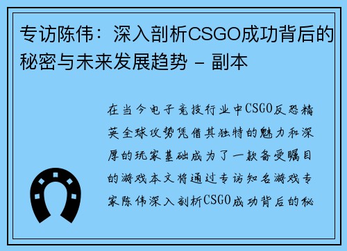 专访陈伟：深入剖析CSGO成功背后的秘密与未来发展趋势 - 副本