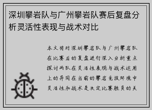 深圳攀岩队与广州攀岩队赛后复盘分析灵活性表现与战术对比
