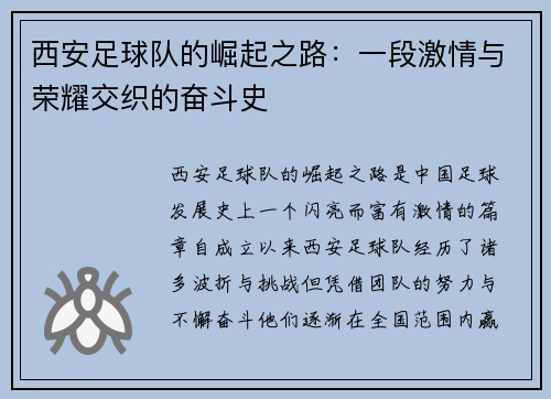 西安足球队的崛起之路：一段激情与荣耀交织的奋斗史