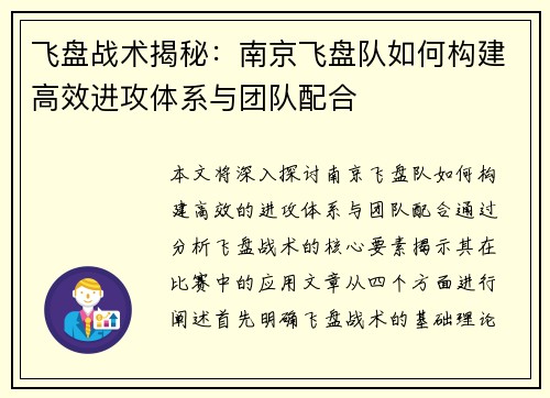 飞盘战术揭秘：南京飞盘队如何构建高效进攻体系与团队配合