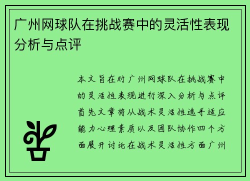 广州网球队在挑战赛中的灵活性表现分析与点评