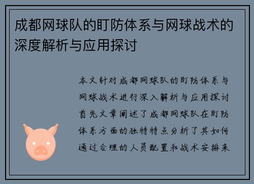 成都网球队的盯防体系与网球战术的深度解析与应用探讨